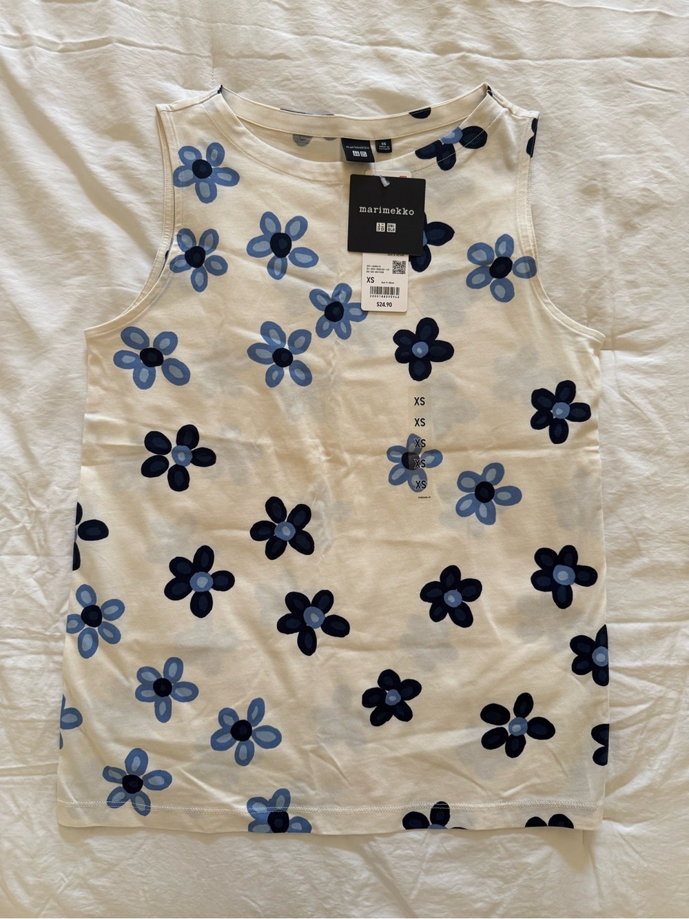 Uniqlo Marimekko White Tank Top with Navy and Light Blue Flower Print